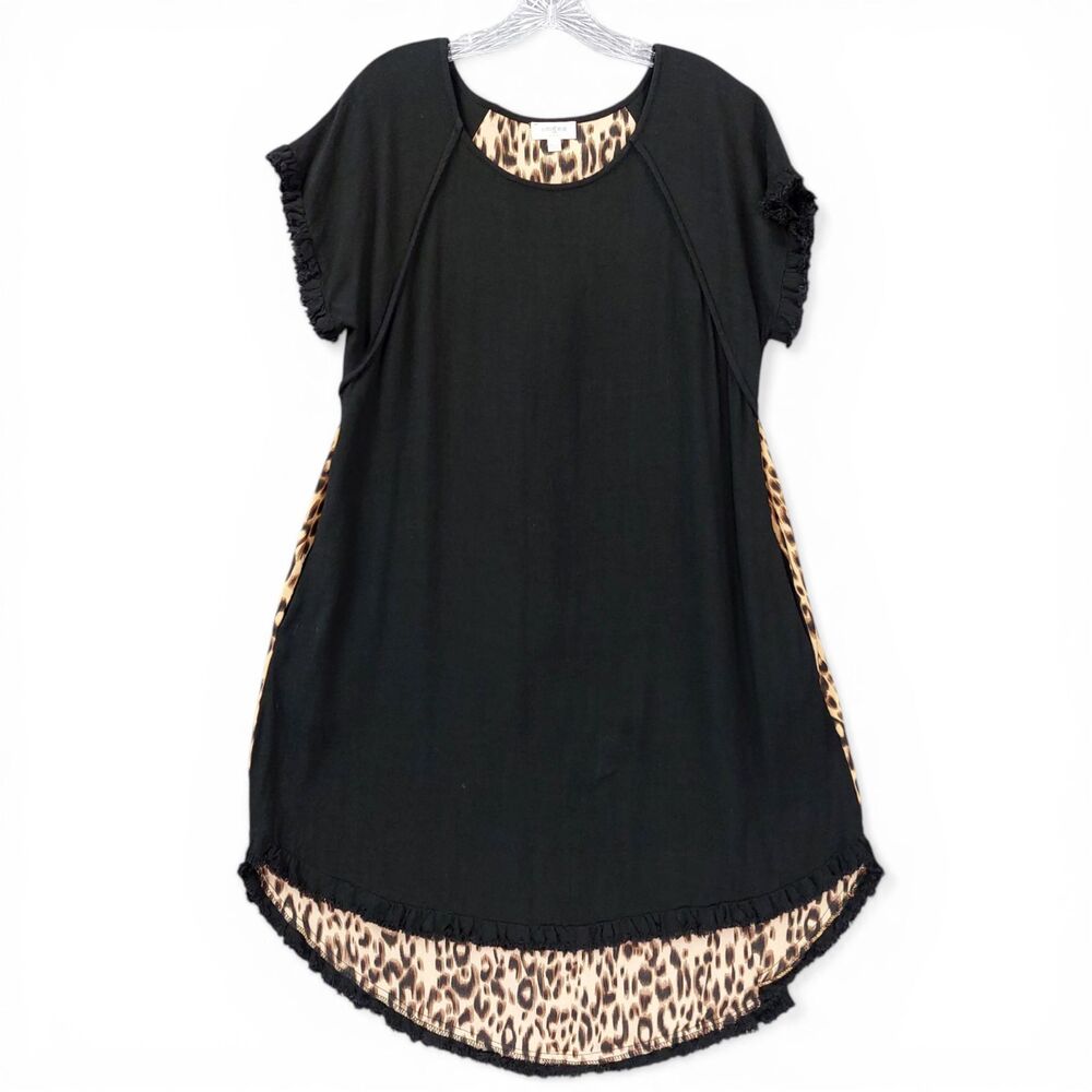 Umgee Leopard Print Linen Blend Tunic Dress Sz S Contrast Ruffle Trim Boho Chic
